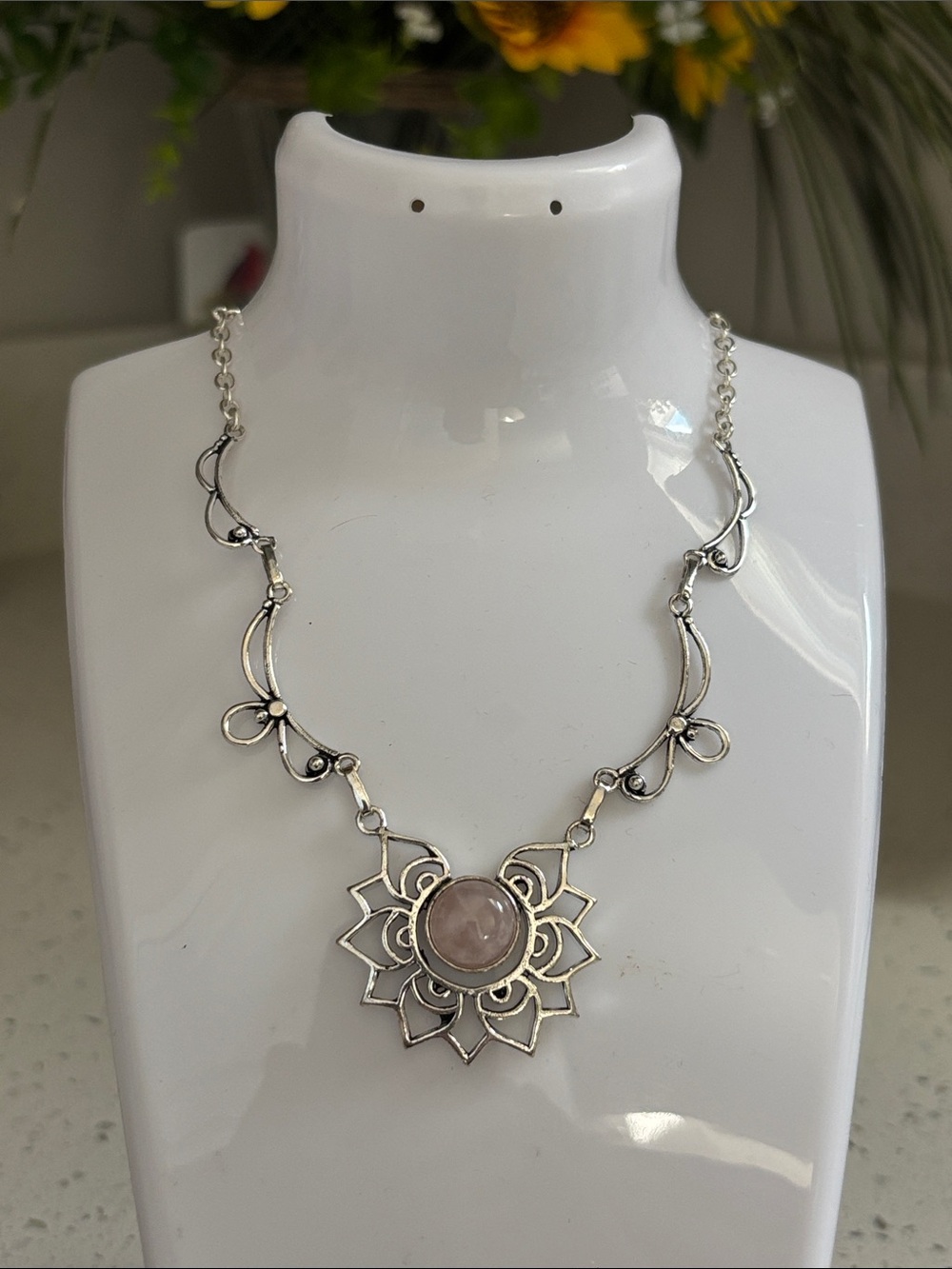Silver Lotus Pendant Necklace with Rose Quartz Center